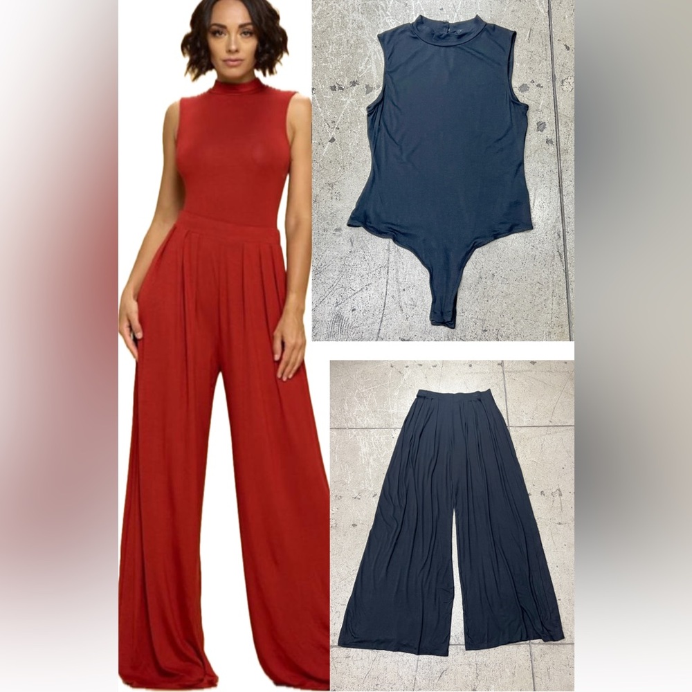 458B-BLACK. 2 Piece Bodysuit & Pleated Wide Leg Pant Set